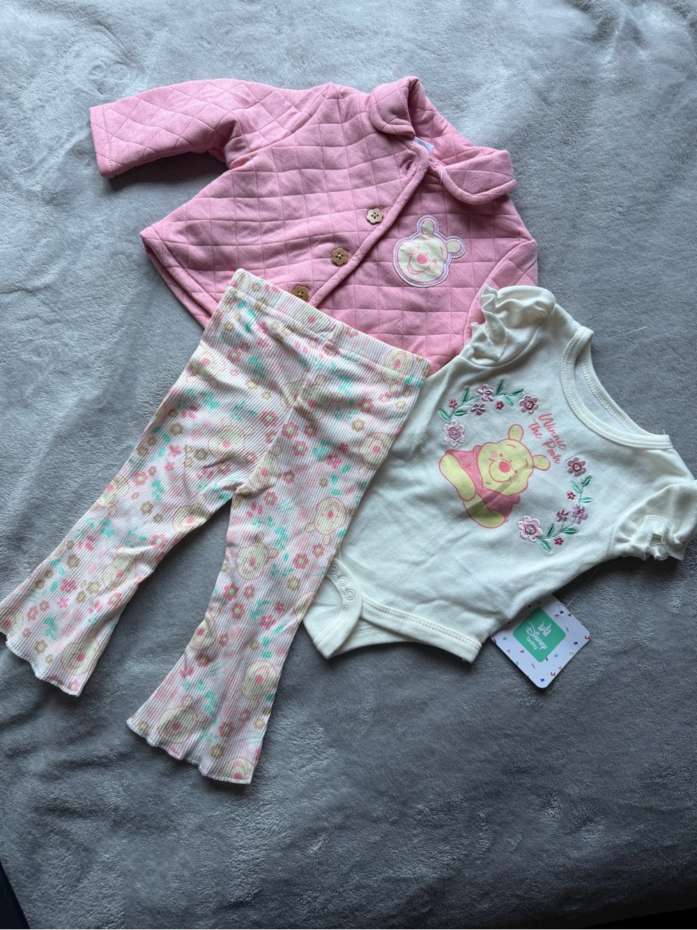 Disney Baby Pink and White Floral Embroidered Outfit